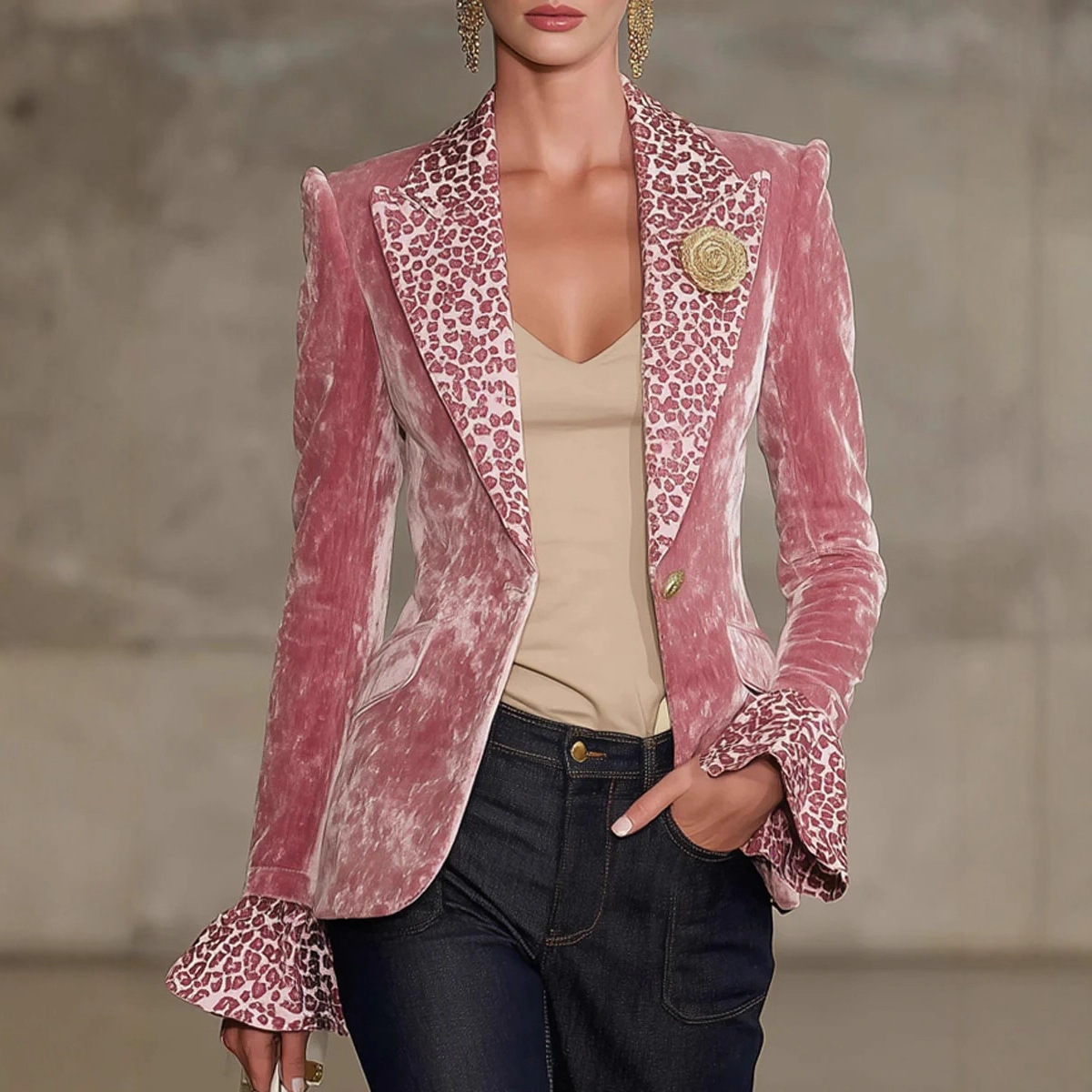 Velvet Blazer Women - Blazer Beludru Wanita Motif Leopard Kerah