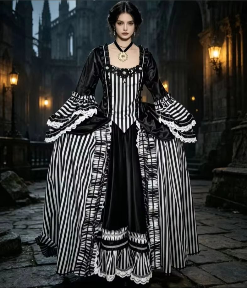 Kostum Gaun Bergaris Hitam Put - Women Fashion Gown ulasan dan harga